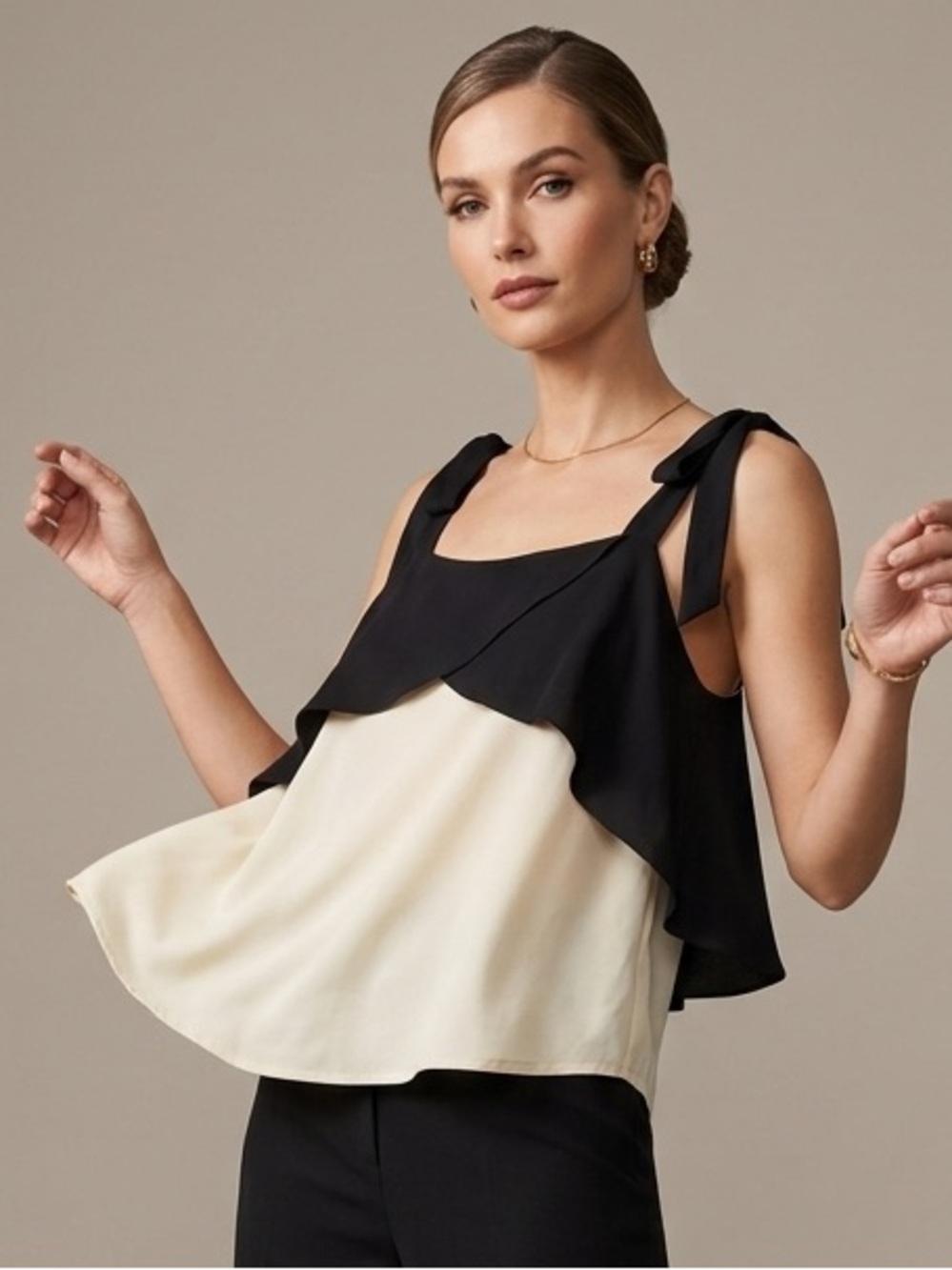 Zara Black and Cream Tie-Shoulder Layered Tank Top